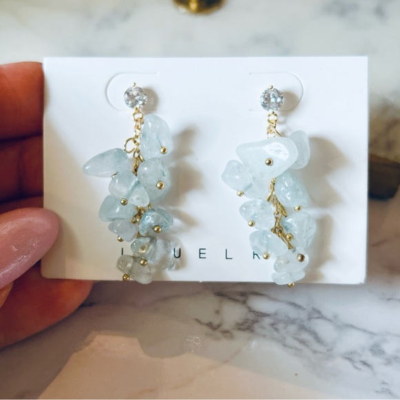 Cloud blue quartz CZ 1.5” gold plated earrings gemstone - Picture 2 of 3